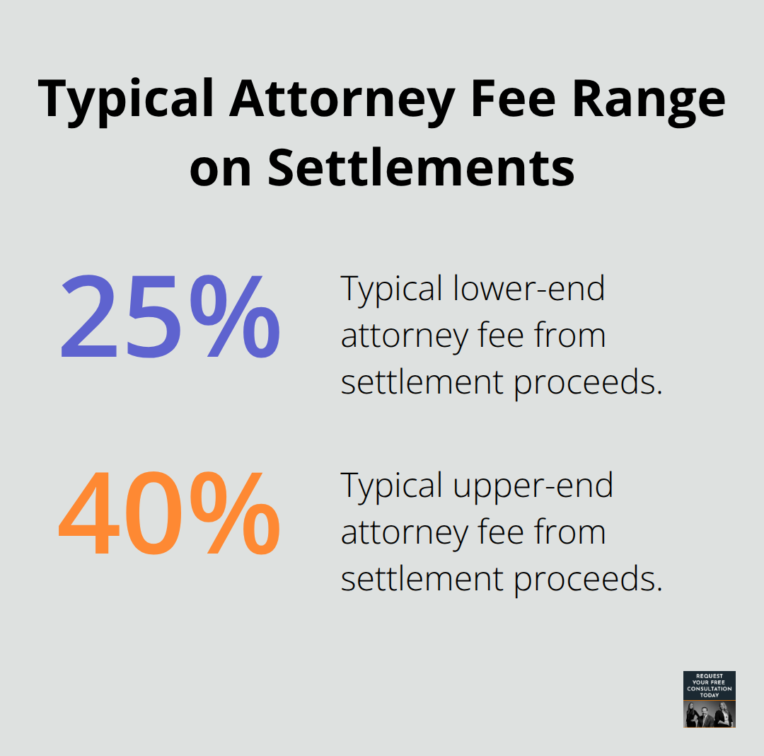 Percentage chart illustrating that attorney fees typically range from 25% to 40% of a car accident settlement in the U.S. - car accident settlement options