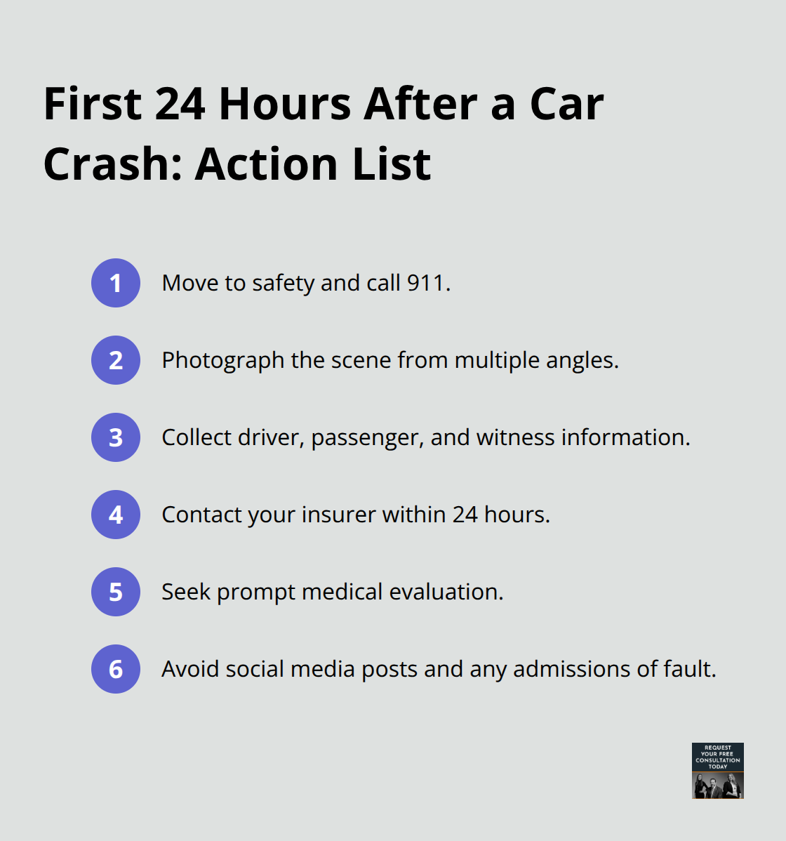 Step-by-step actions to take immediately after a car crash in the U.S.