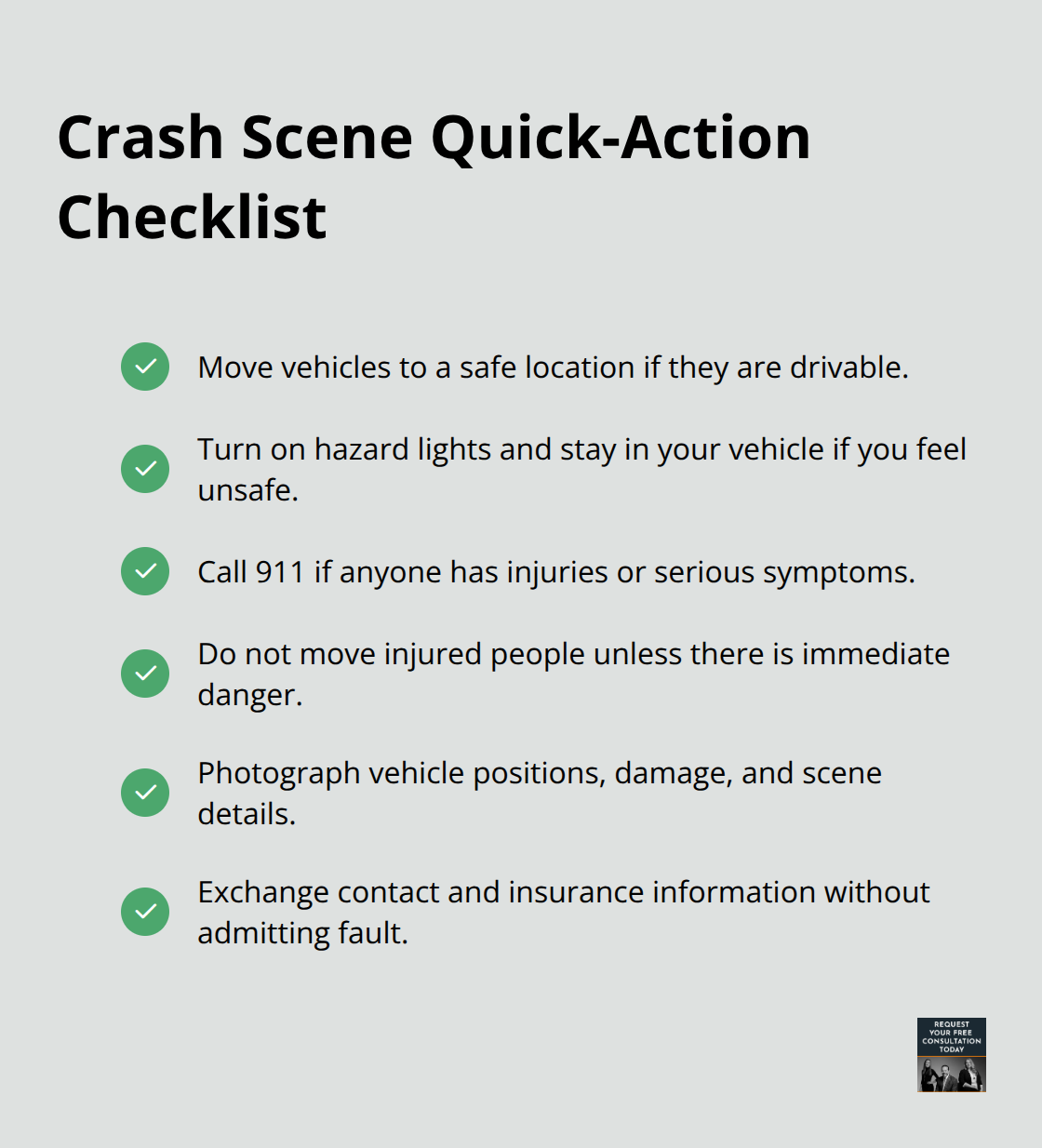 Six essential steps to secure the scene, document evidence, and protect your claim after a car crash. - Car crash injuries checklist