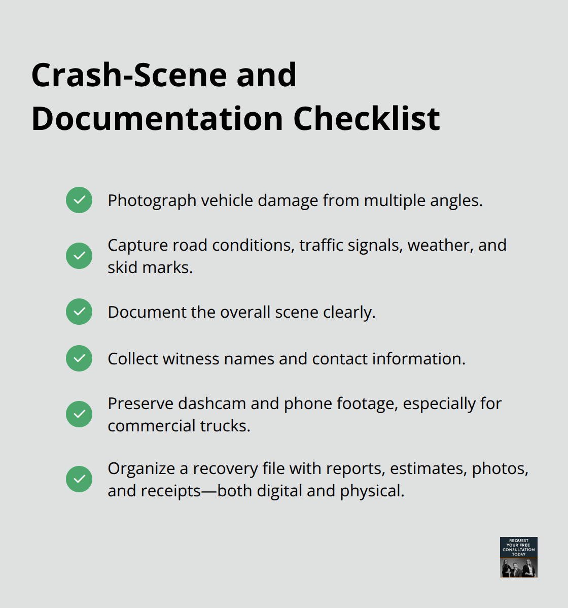 Checklist of photos, evidence, and records to preserve after a crash. - Car crash property claims