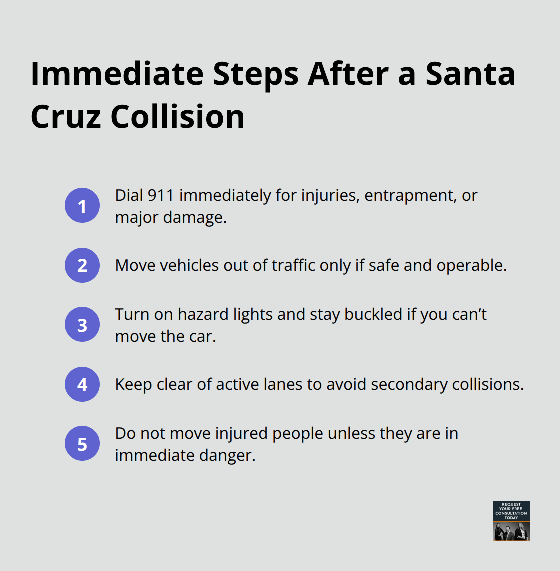 Compact list of immediate actions to take right after a car crash in Santa Cruz to stay safe and protect your claim. - Car crash Santa Cruz