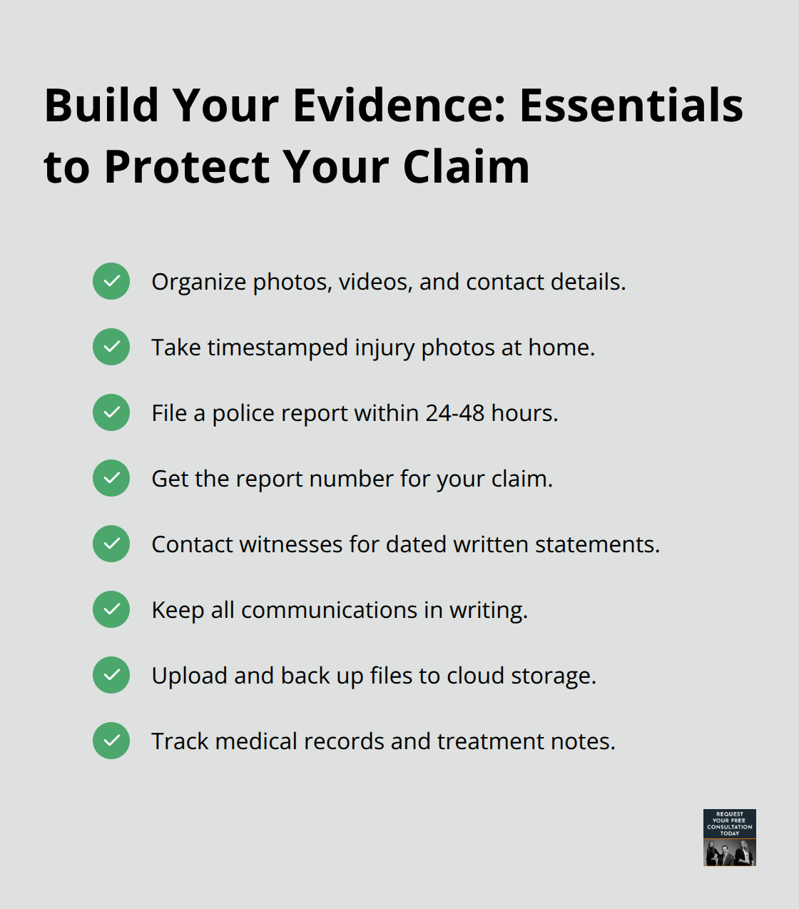 Checkmark list of key evidence steps after a car crash, including organizing records, police reports, witnesses, and backups.