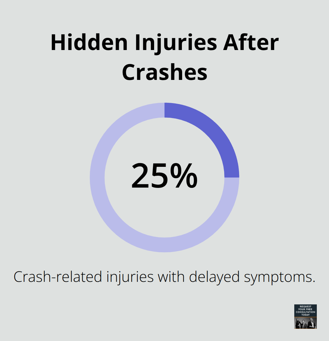 Percentage of crash-related injuries that show delayed symptoms after a collision. - Car crash Santa Cruz
