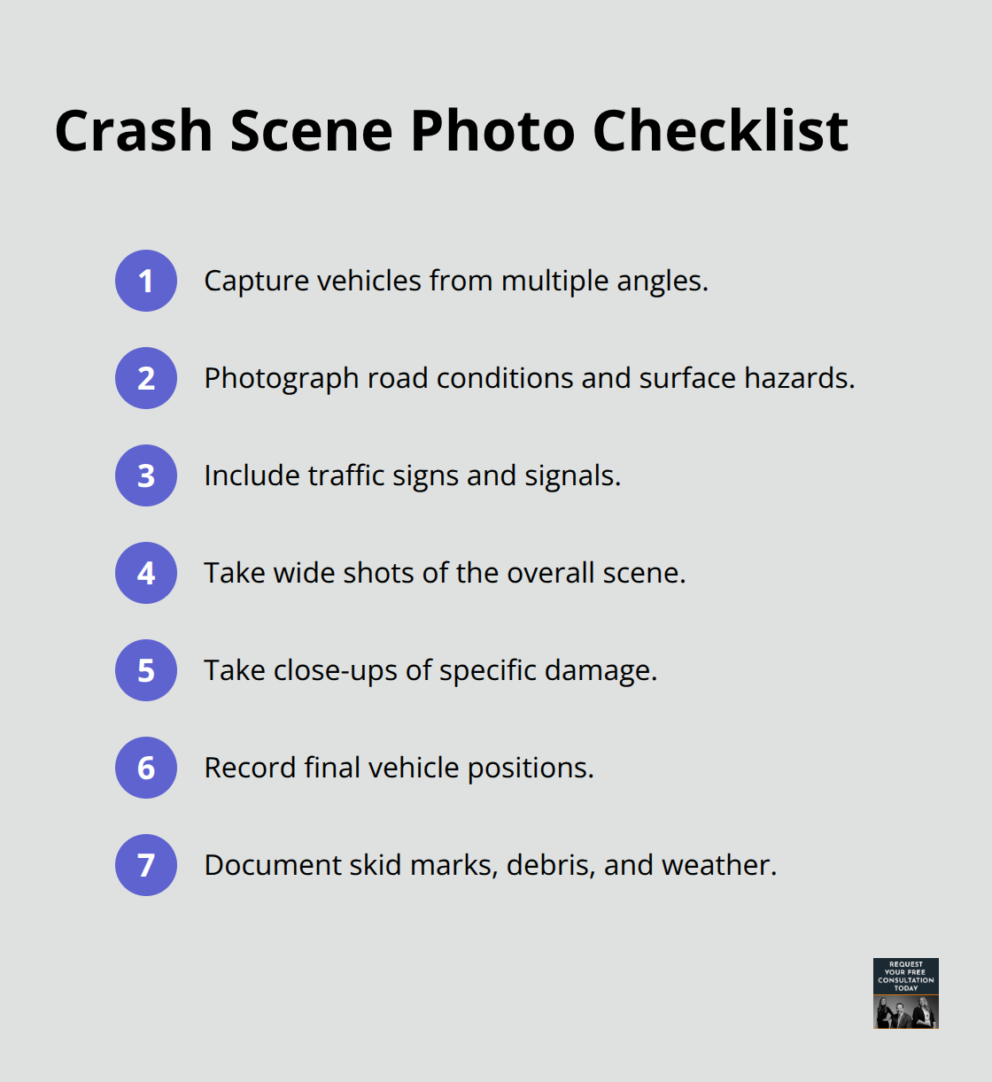 Compact checklist of essential crash-scene photos to capture for your insurance claim.