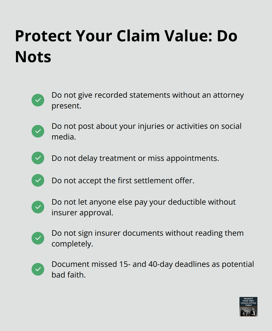 Checkmark list of key actions to avoid so you don’t weaken your car crash claim. - Car crash settlement tips