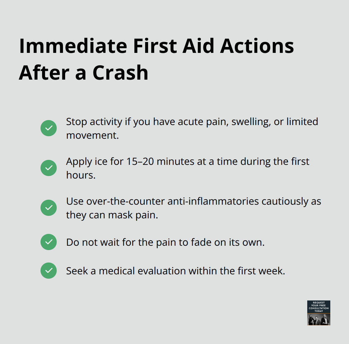 Checklist of urgent first-aid steps for a shoulder injury after a car accident - car crash shoulder injury