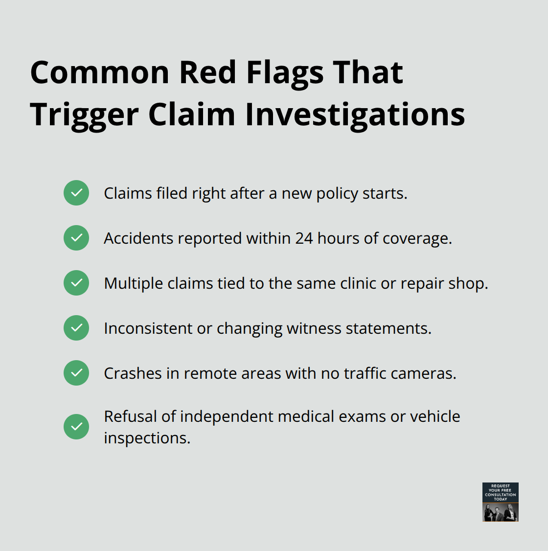 Checklist of red flags insurers watch for during claim investigations - car insurance fraud cases