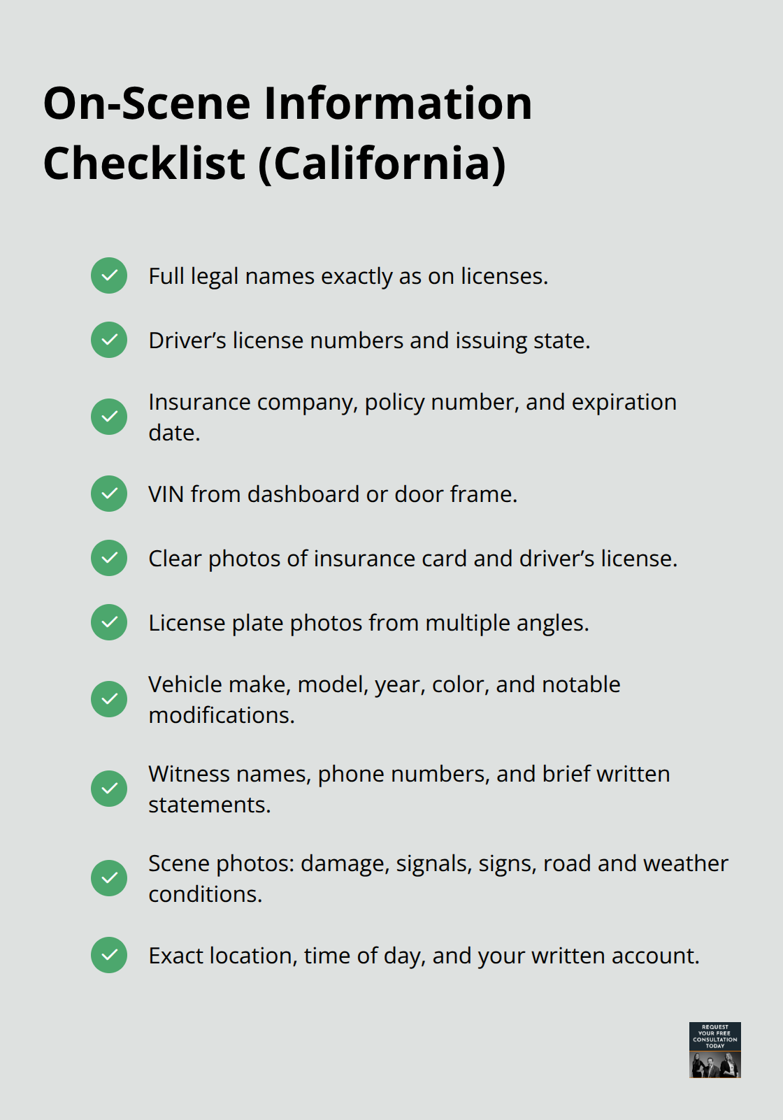 Checklist of the most important information to collect at a crash scene
