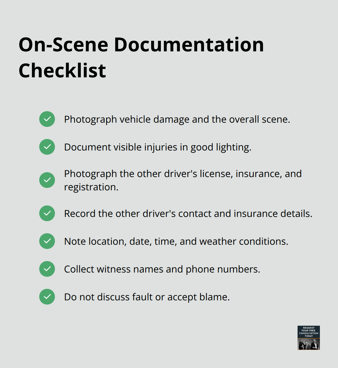 Checkmark list of critical steps to document a car crash scene - Common causes car accidents