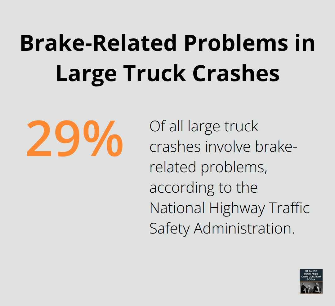 Chart showing that 29% of all large truck crashes involve brake-related problems - common causes of truck accidents in California