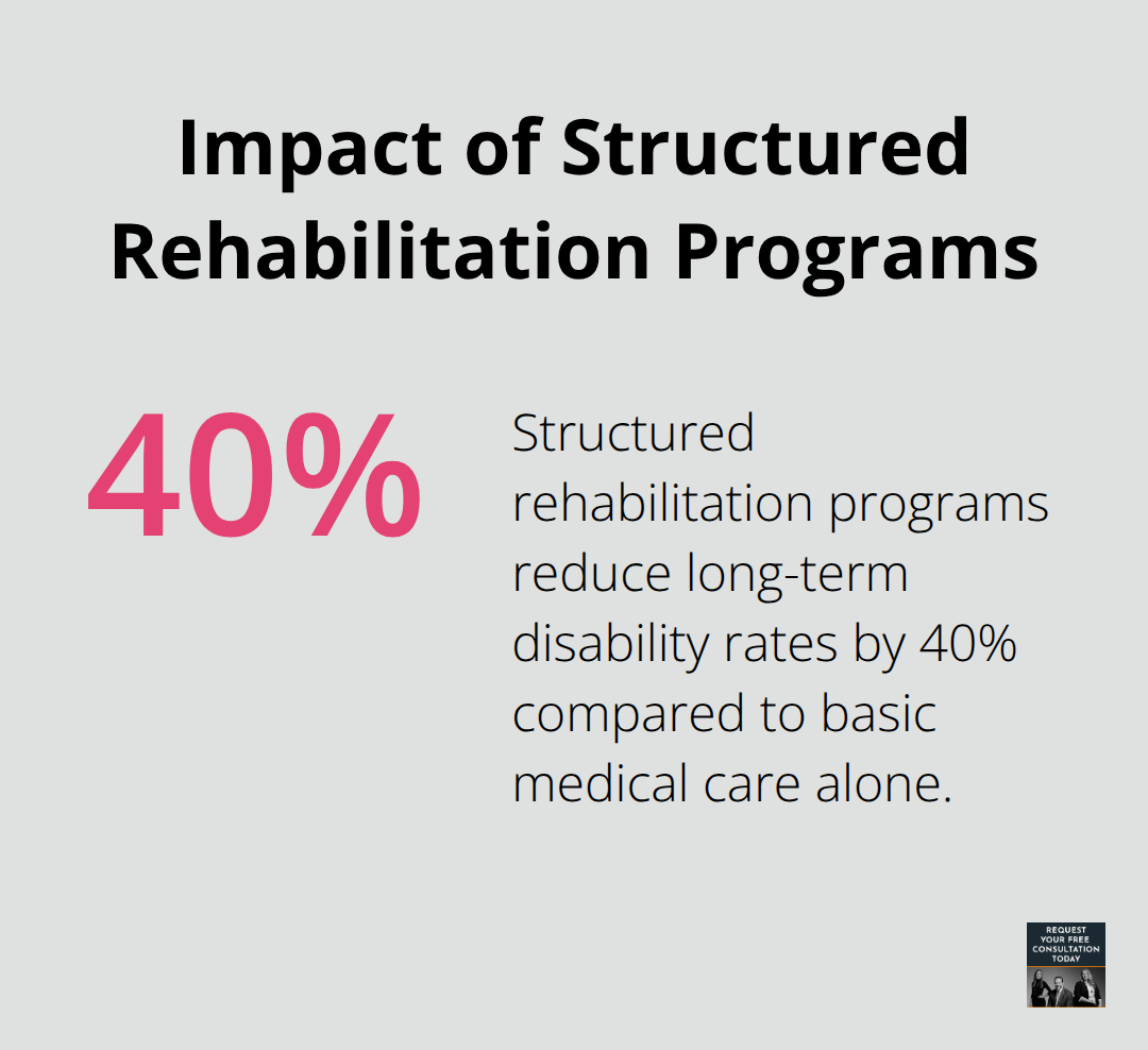Percentage chart showing that structured rehabilitation programs reduce long-term disability rates by 40% compared to basic medical care alone