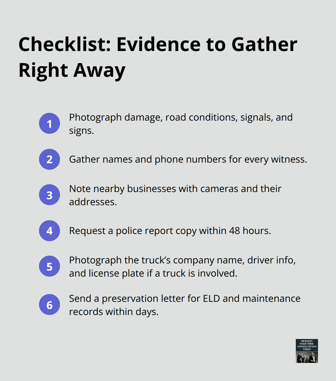 Compact checklist of evidence to collect immediately after a crash in Santa Cruz County - Comparative negligence California