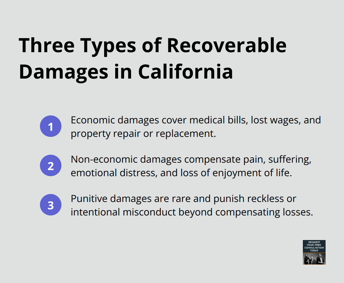Ordered list summarizing economic, non-economic, and punitive damages available after California auto accidents - Compensation after auto accident