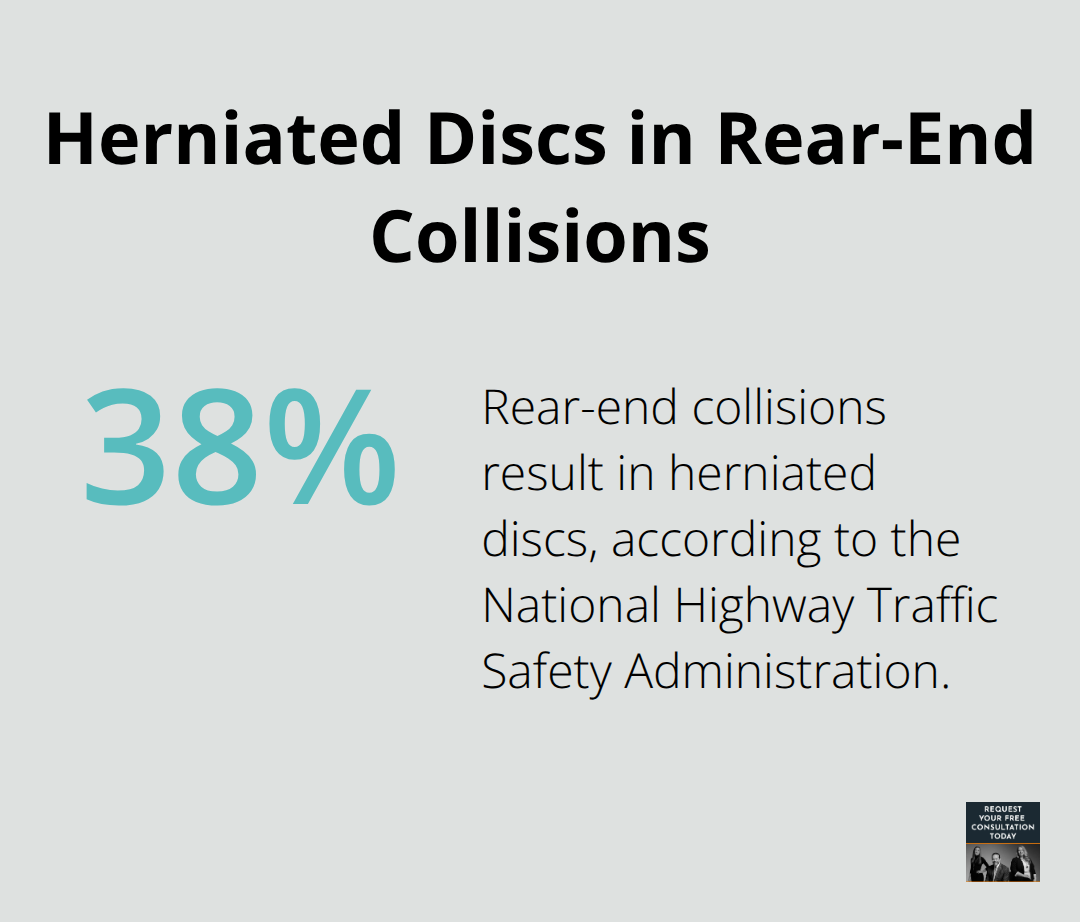 Pie chart showing 38% of rear-end collisions result in herniated discs - compensation for back injury after car accident