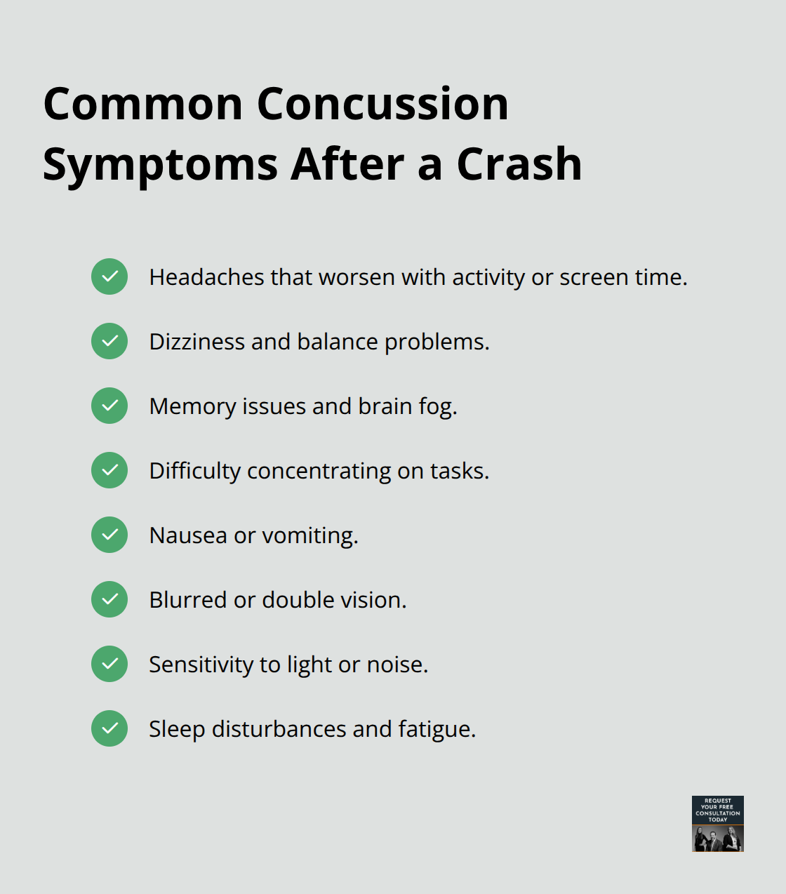 Checklist of common concussion symptoms that may appear after a car accident - Concussion auto accident settlement
