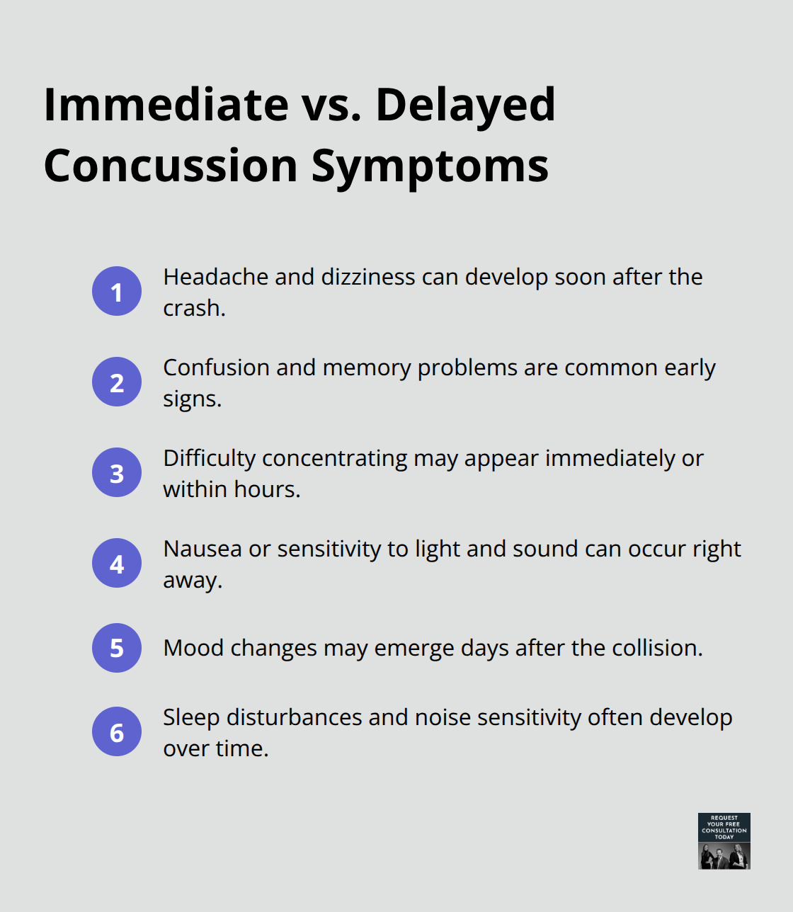 Key immediate and delayed concussion symptoms after a car crash - Concussion case California