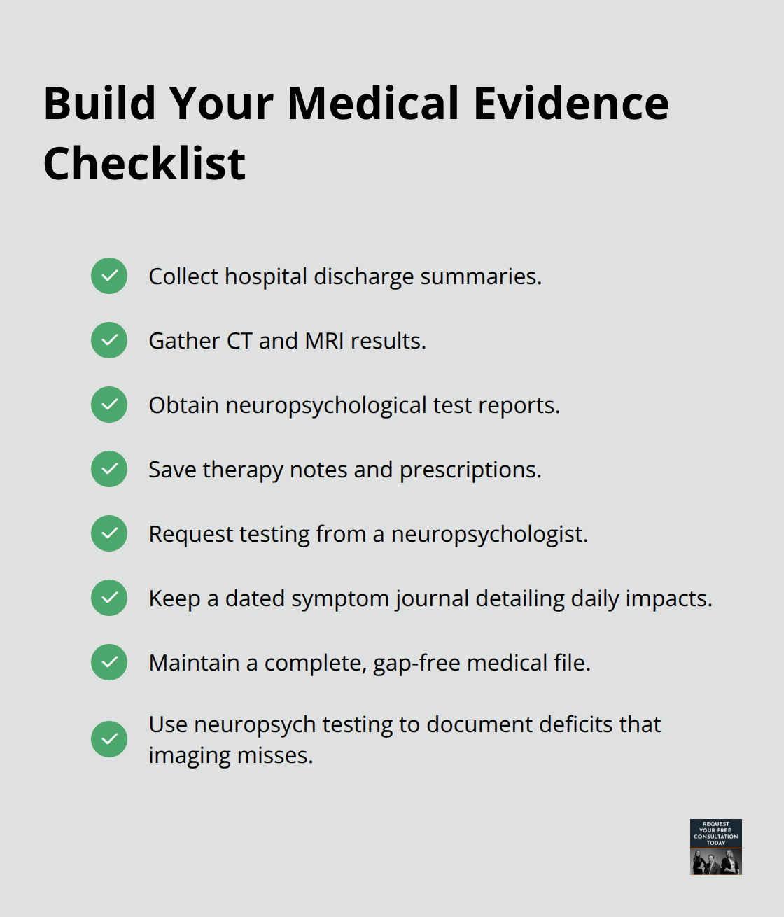 Checklist of medical documentation to strengthen a concussion claim