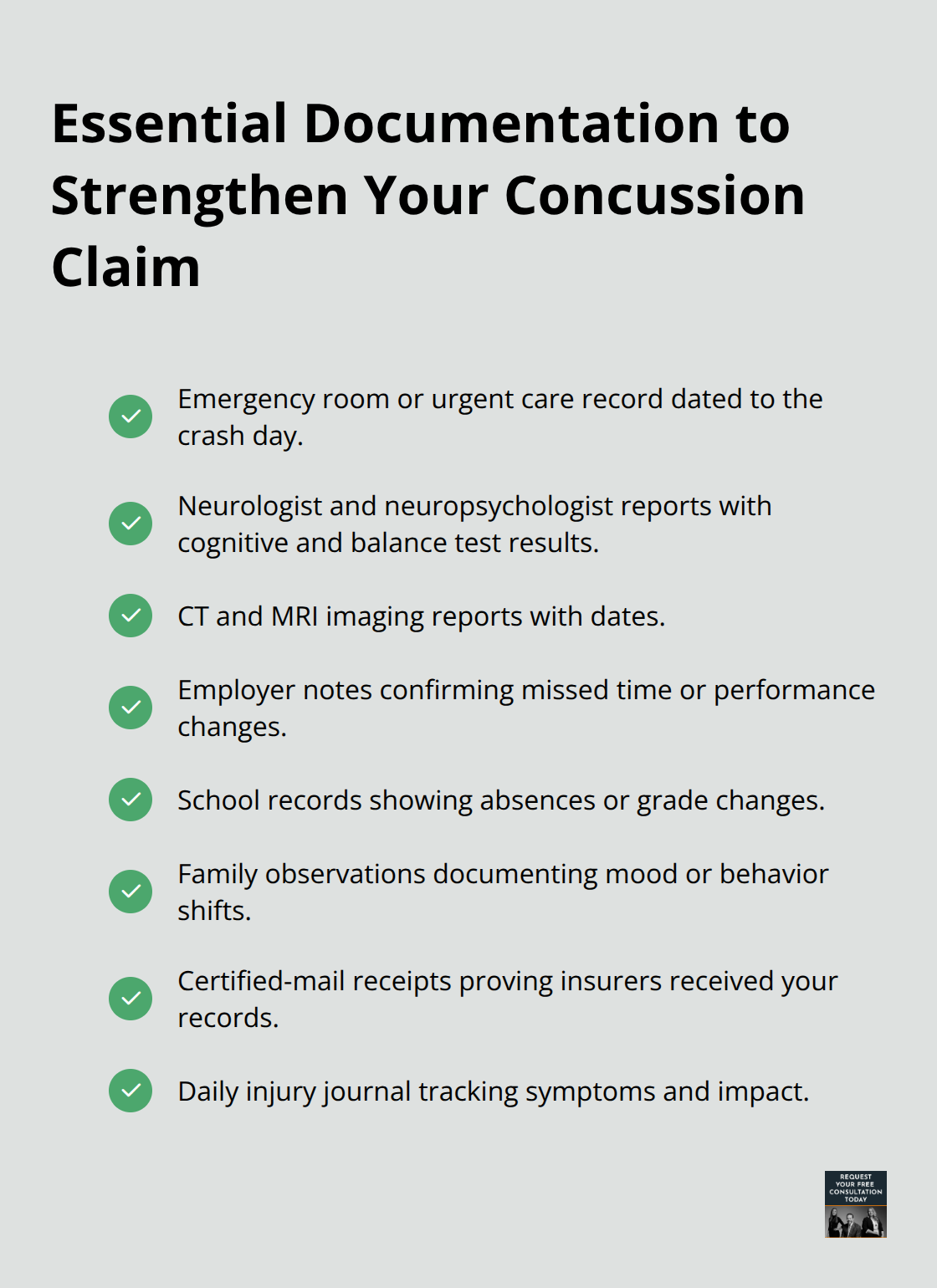 Checklist of real-world and medical documents that support a California concussion claim after a crash. - Concussion claim California
