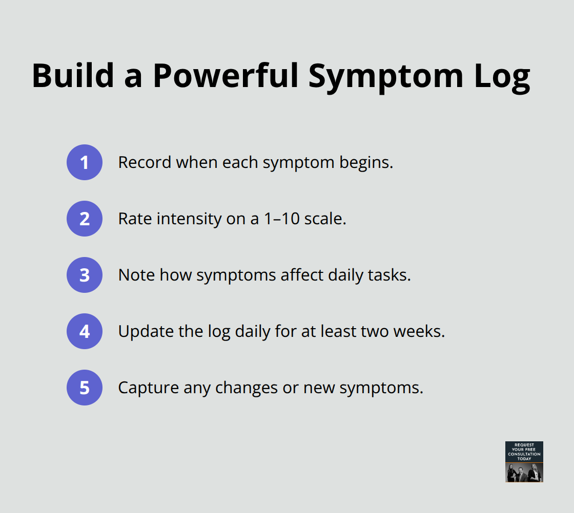 Key elements to include in a post-crash concussion symptom log - Concussion claims California