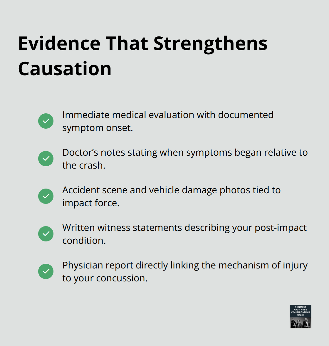 Checklist of key evidence types that help prove the crash caused your concussion. - Concussion claims Santa Cruz