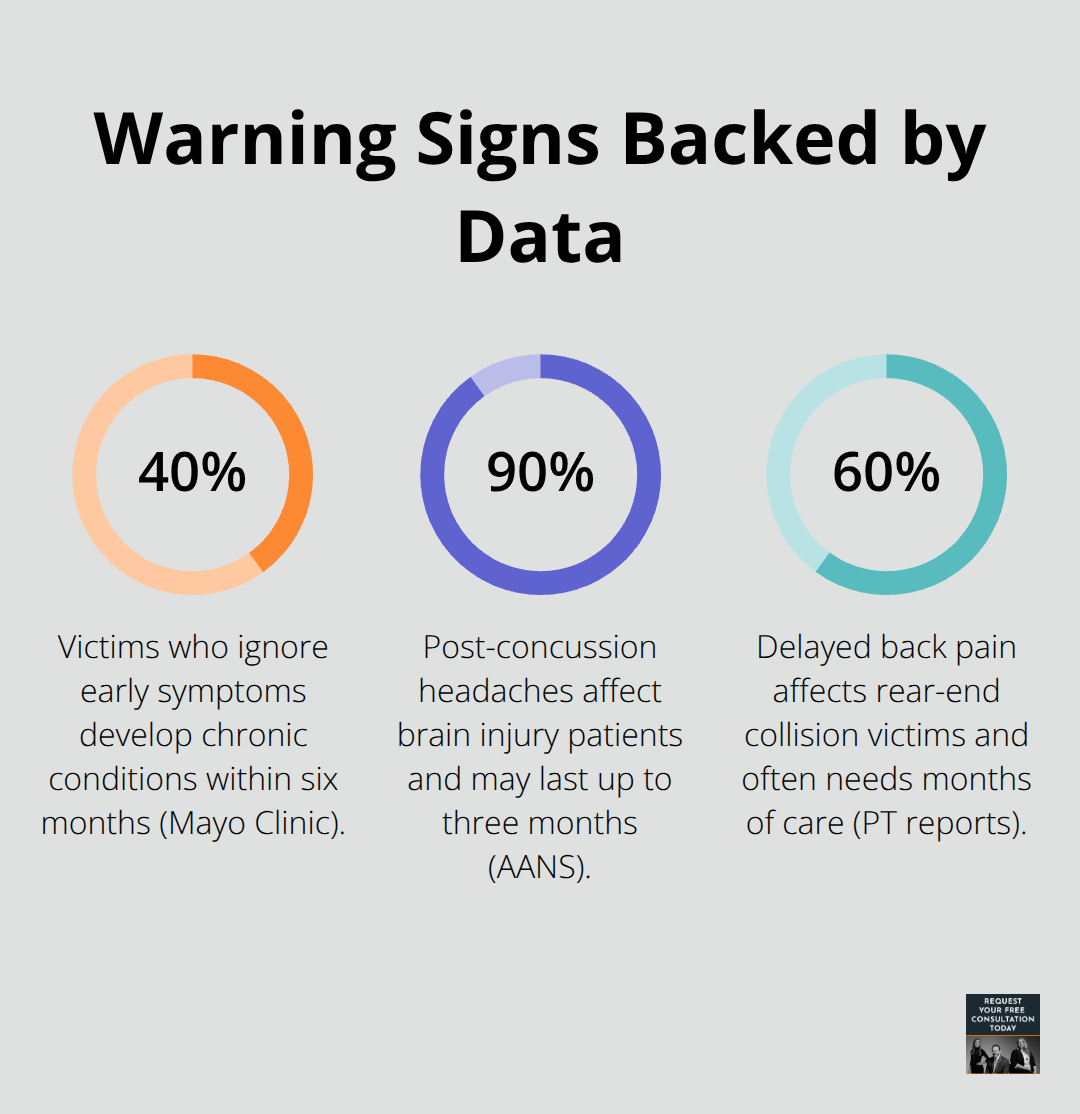 Chart highlighting percentages linked to ignored symptoms, post-concussion headaches, and delayed back pain after crashes