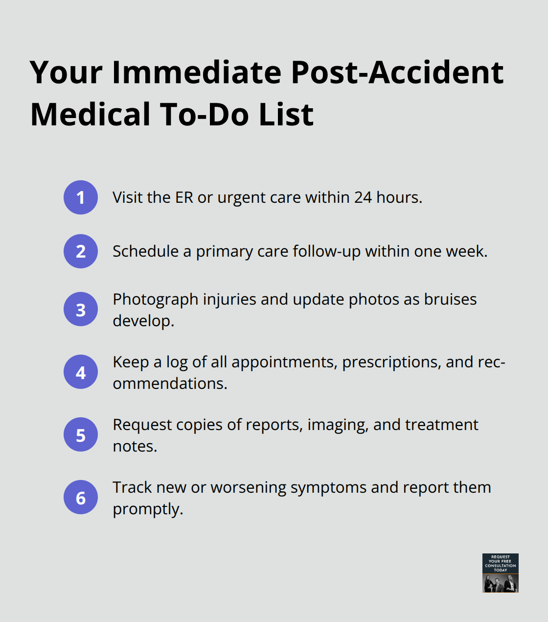 Compact checklist of critical medical steps to take after a car accident in the U.S. - delayed injury after car accident