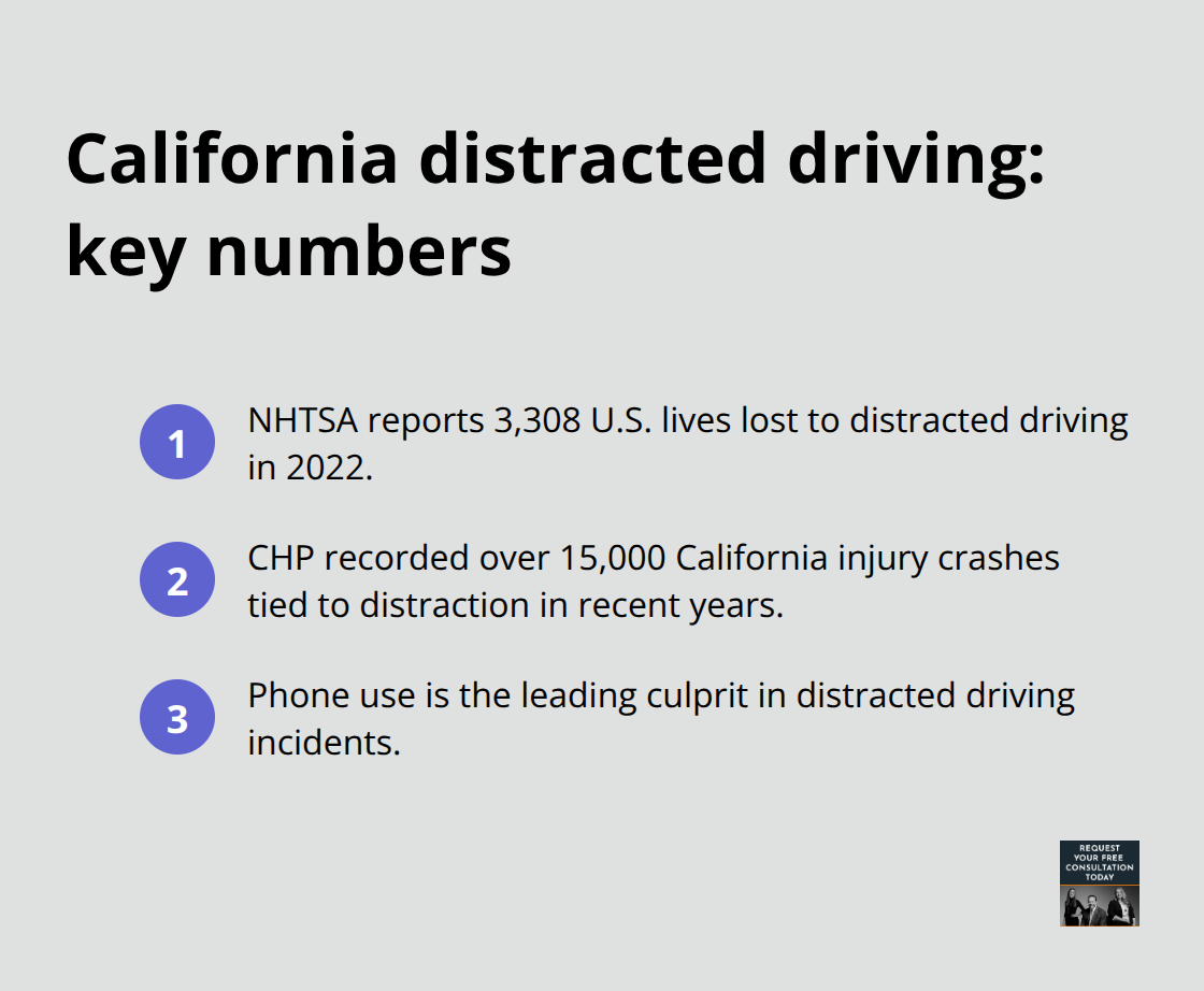 Infographic showing 2022 U.S. fatalities and recent California injury crashes tied to distracted driving, with phones as the leading factor. - Distracted driving incidents