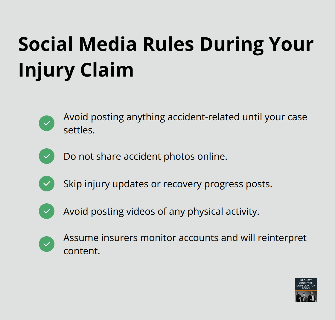 Checklist of social media do’s and don’ts to protect an injury claim after a crash. - Document injuries after crash