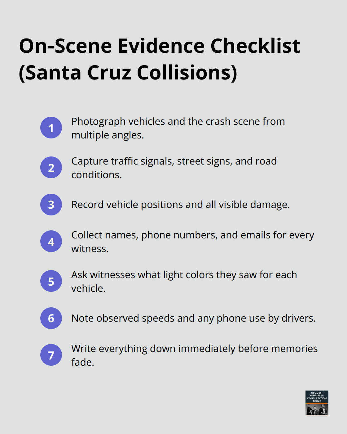 Compact checklist of key photos and witness details to capture after a crash in Santa Cruz County.