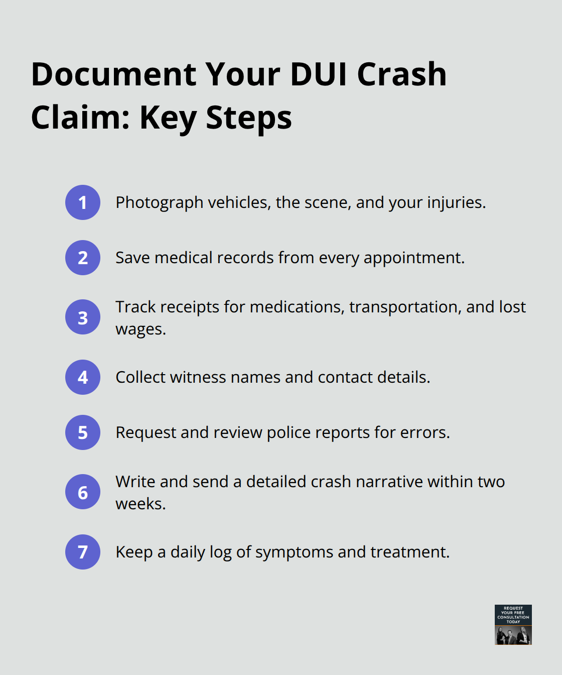 Compact checklist of essential documentation steps after a DUI crash - DUI crash recovery California
