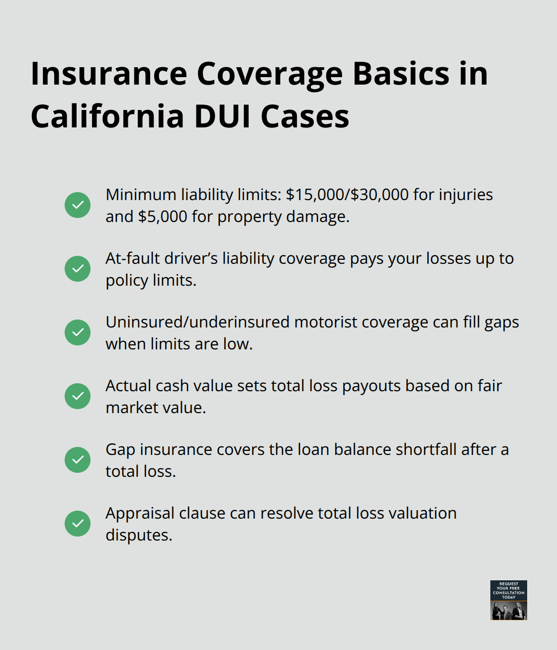 Checklist of key insurance coverages and valuation points that affect DUI crash claims in California. - DUI crash Santa Cruz