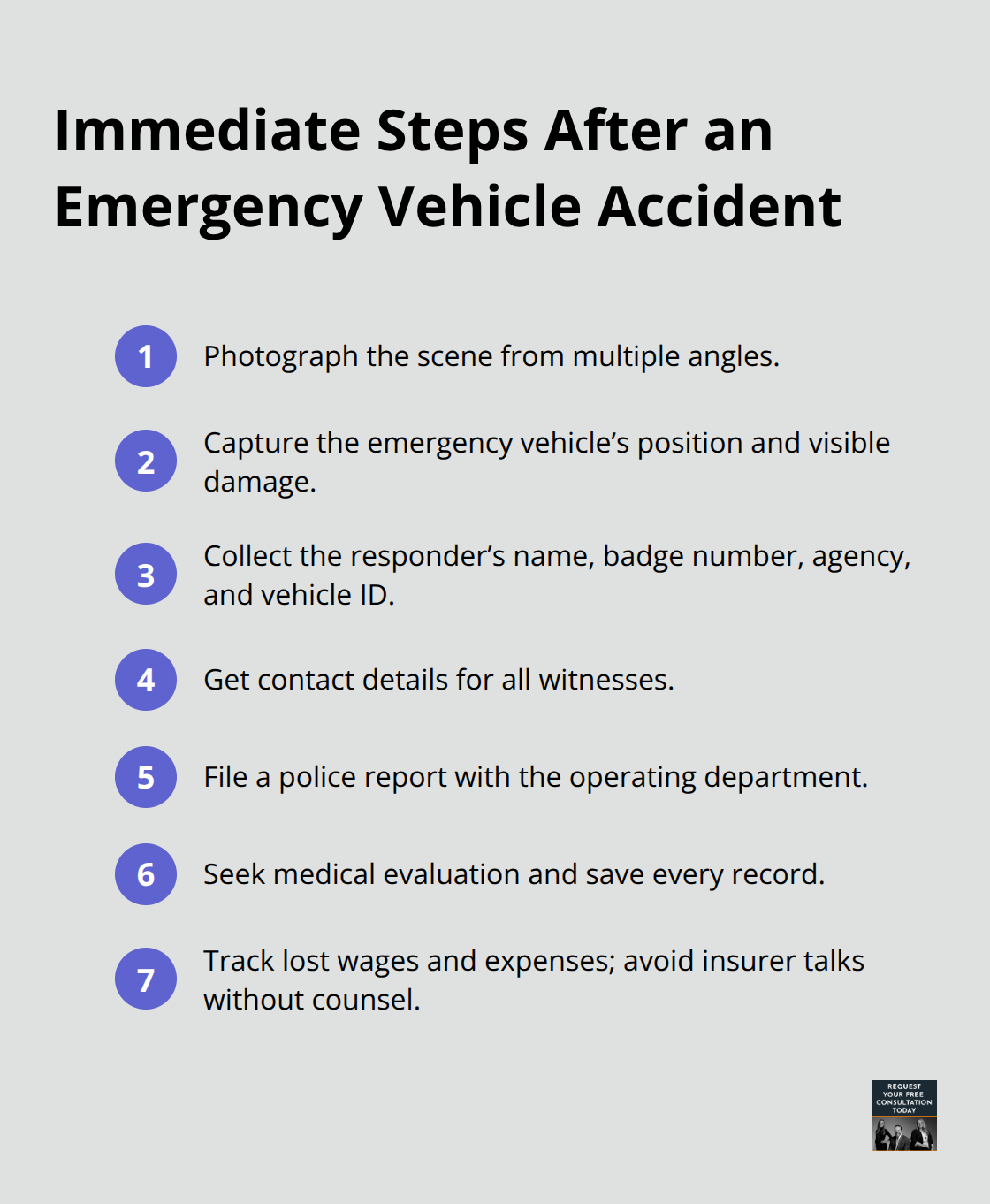 Compact checklist of actions to take right after a crash with an emergency vehicle.