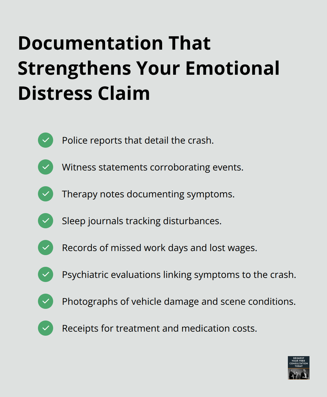Checklist of records to prove emotional distress after a car crash. - Emotional distress car crash