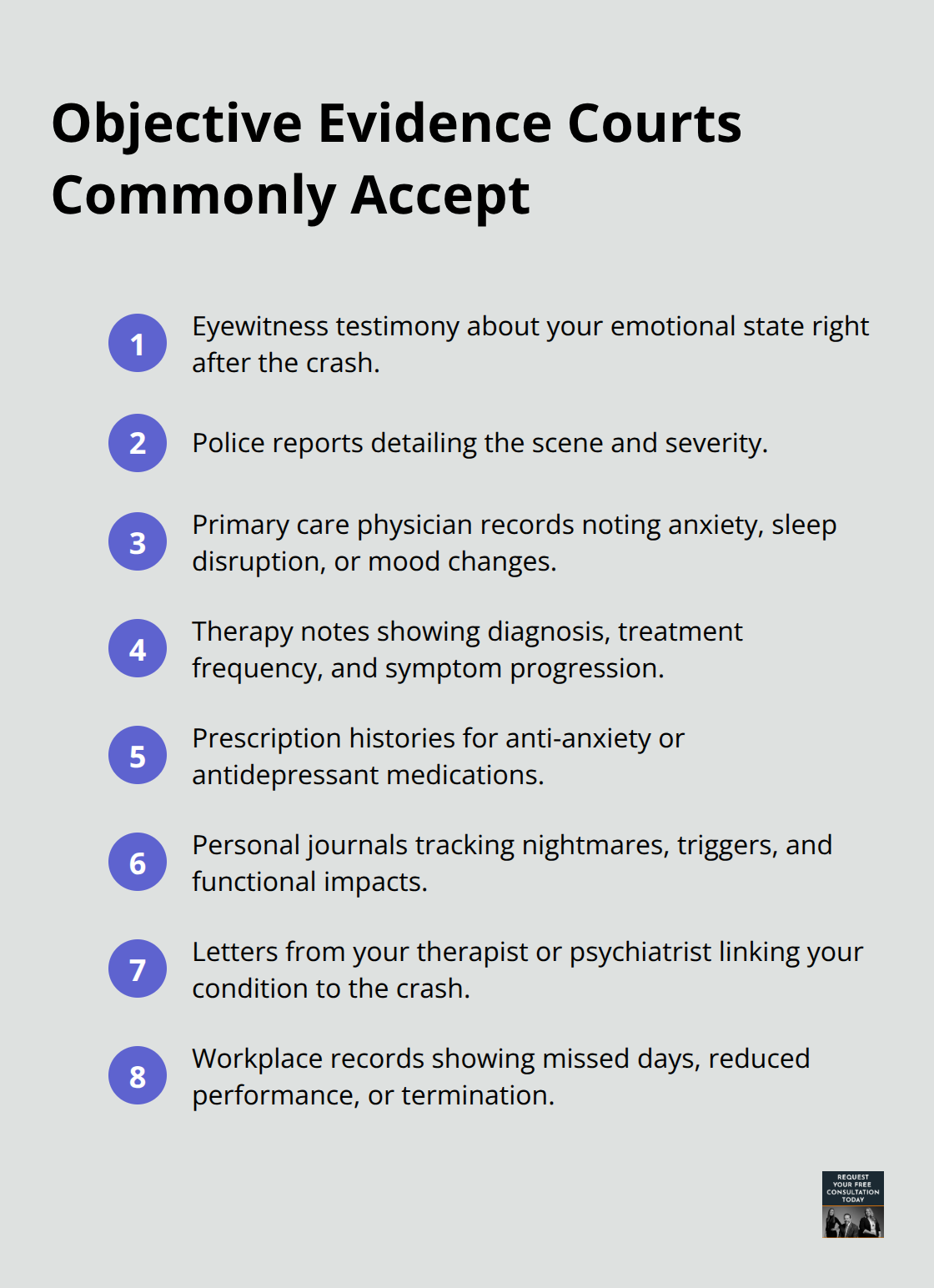 Compact list of accepted evidence types for emotional distress claims