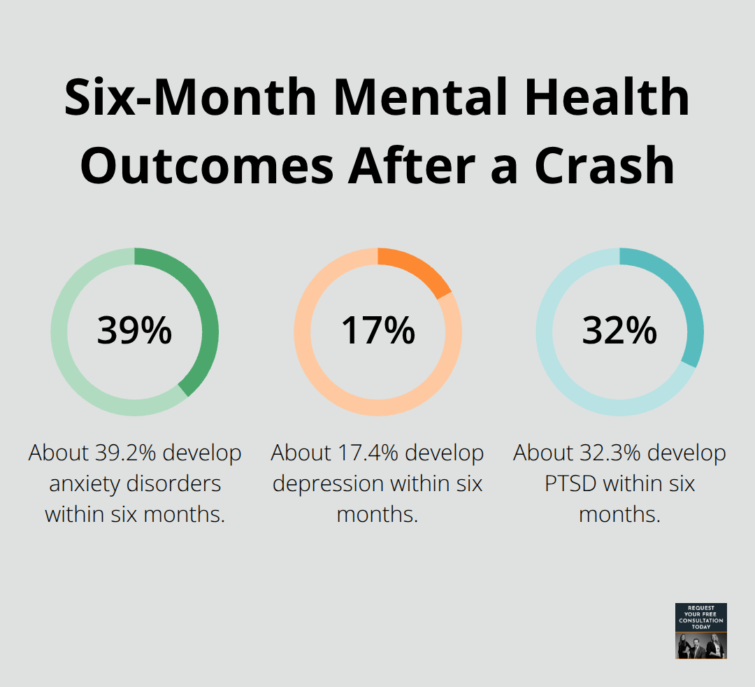 Chart showing rates of anxiety, depression, and PTSD within six months after a crash. - Emotional recovery after crash