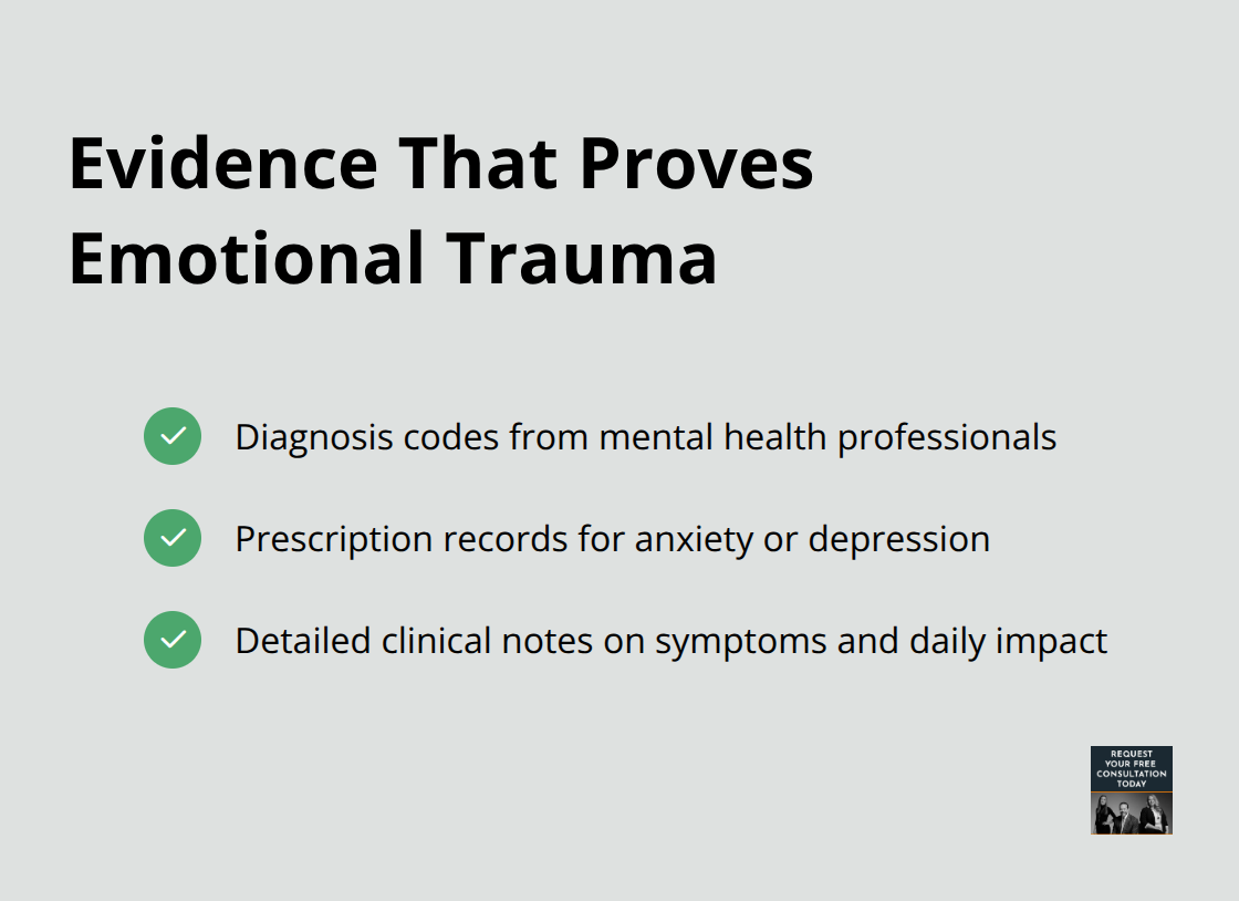 Checkmarked list of documentation types used to substantiate emotional trauma in U.S. car crash claims - Emotional trauma car crash