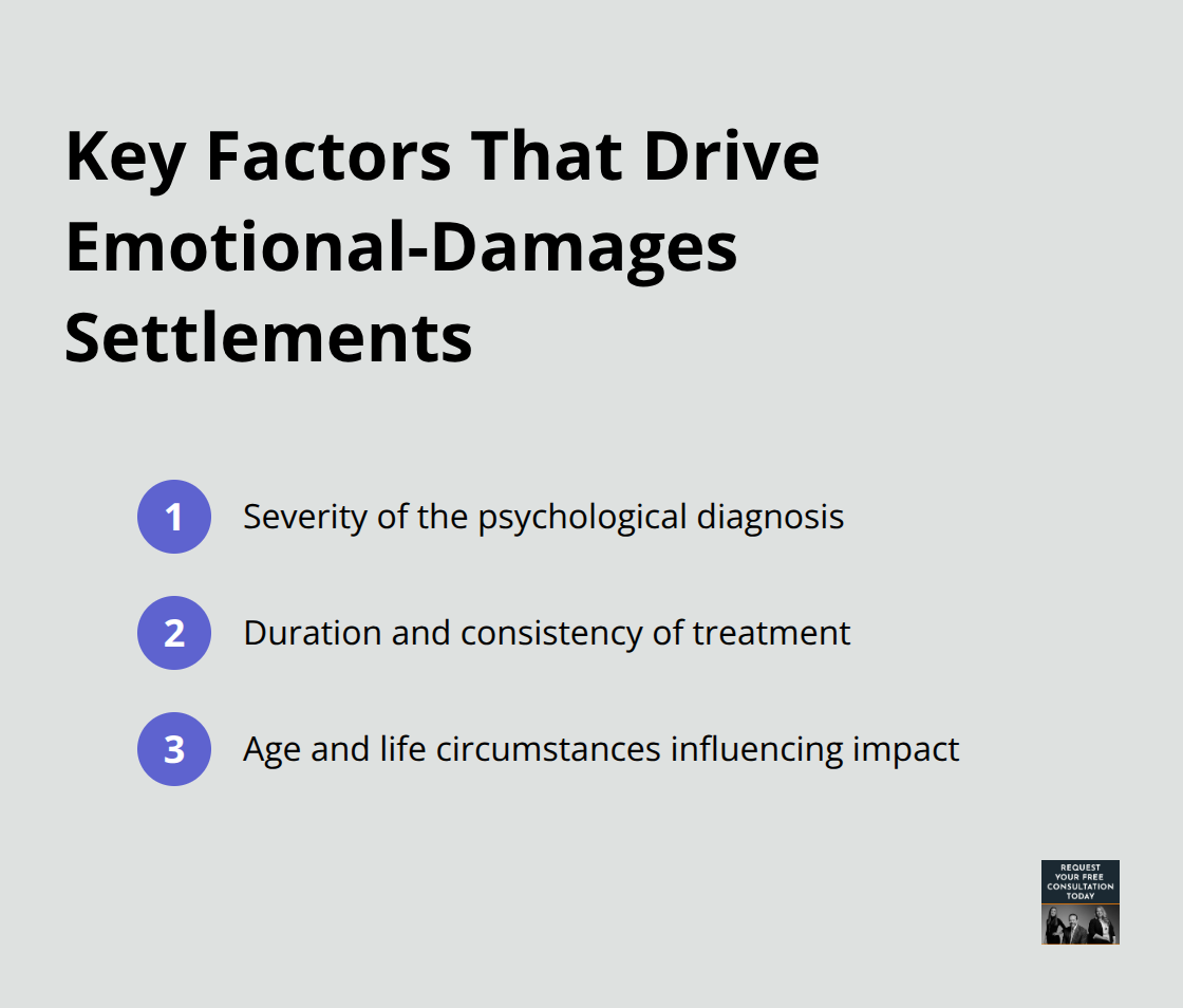 Compact list of primary factors that influence emotional-damages settlement values in U.S. car crash cases
