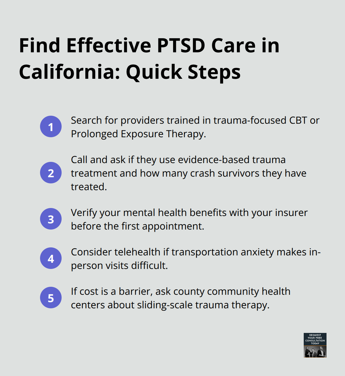 Compact checklist of steps to locate and start evidence-based trauma treatment in California. - Emotional trauma recovery California