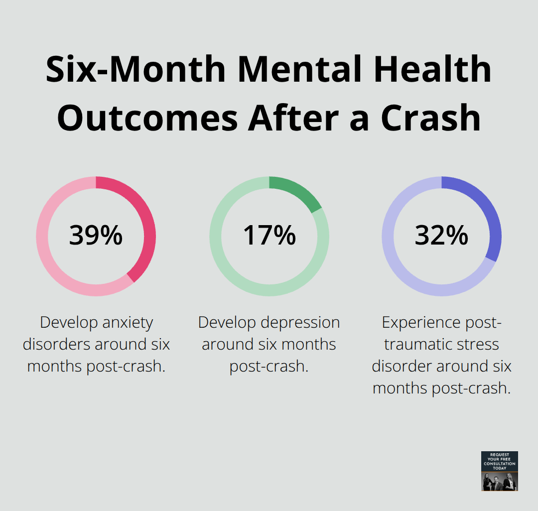 Percent of crash survivors with anxiety disorders, depression, and PTSD about six months after the accident. - emotional trauma recovery