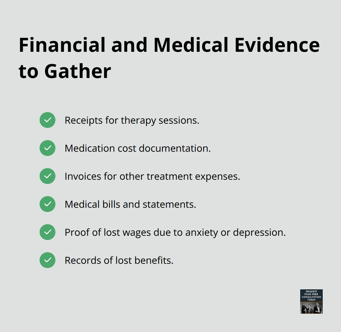 Checklist of financial and medical records to support an emotional injury claim after a car crash.