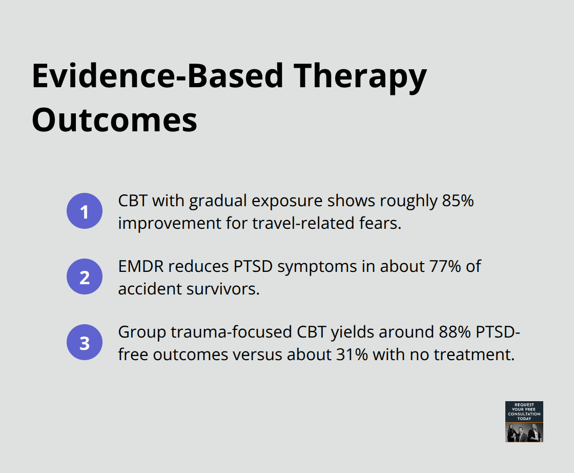 Compact list comparing outcomes from CBT exposure, EMDR, and group trauma-focused CBT.