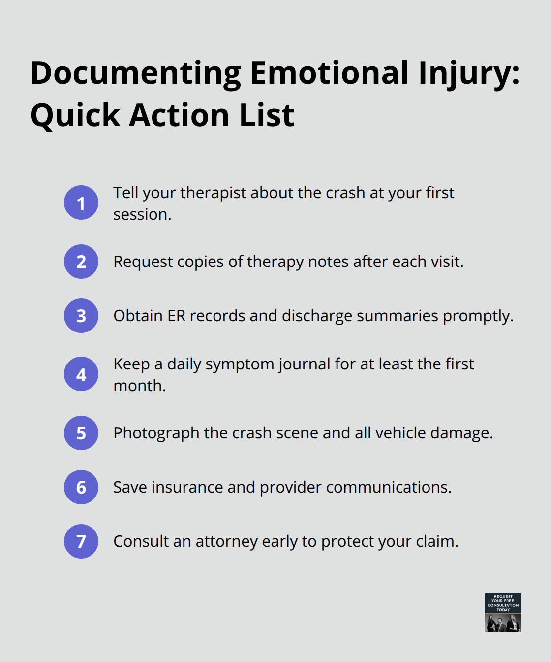 Compact checklist of steps to document emotional trauma after a car crash for legal claims - Emotional trauma Santa Cruz