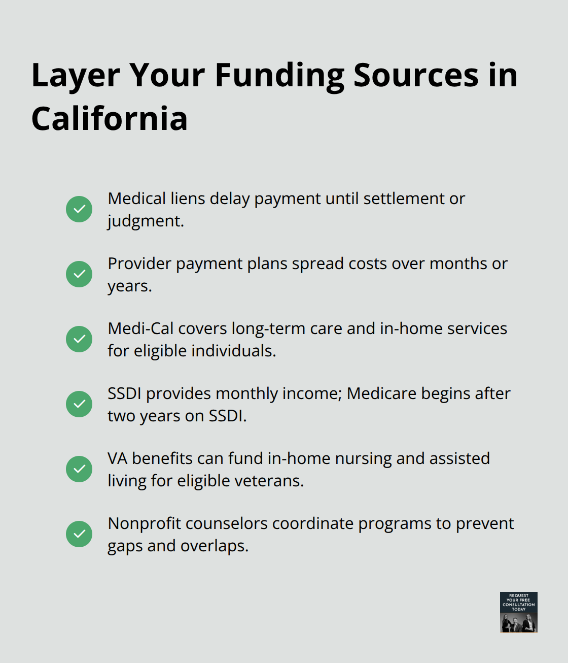 Checklist of programs and strategies to fund long-term care costs after an auto accident in California. - future medical costs california