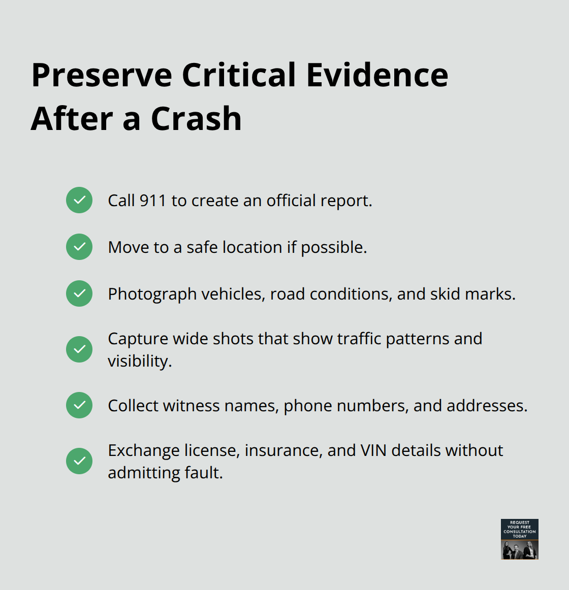 Checklist of essential steps to document a collision scene - great speed increases the probability of injury in a crash