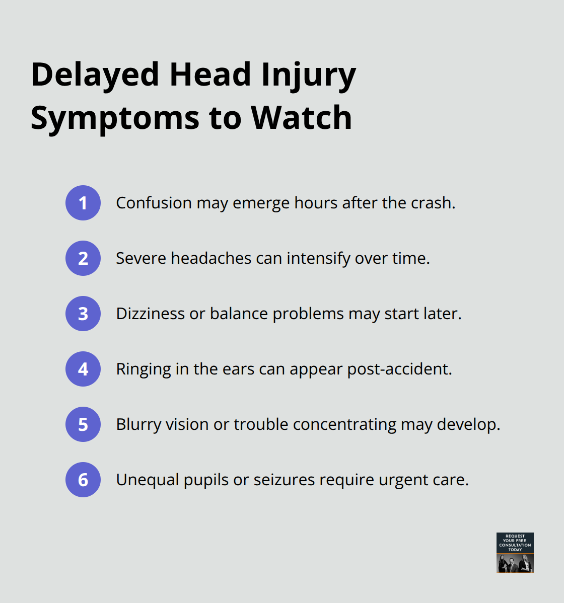 Key delayed-onset head injury symptoms to monitor after a car crash