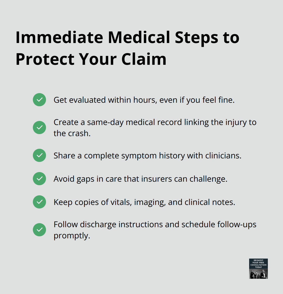 Checklist of urgent medical actions to take after a car crash - Head injury car crash