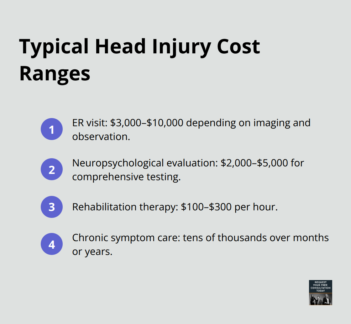 Compact list summarizing common cost ranges for head injury care