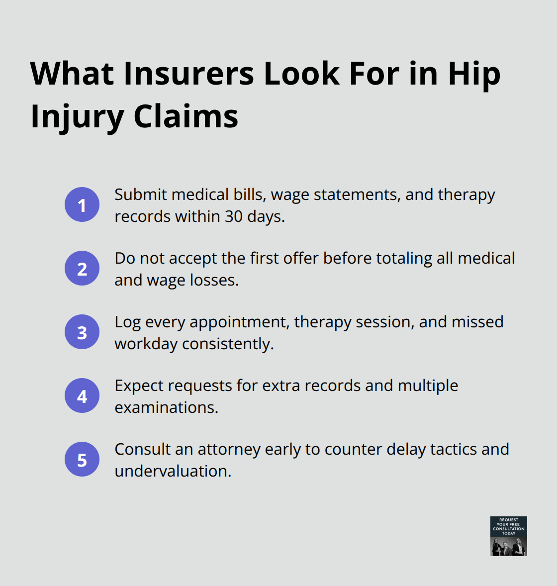 Compact checklist of documentation and actions that strengthen hip injury insurance claims in California - hip injury after car accident