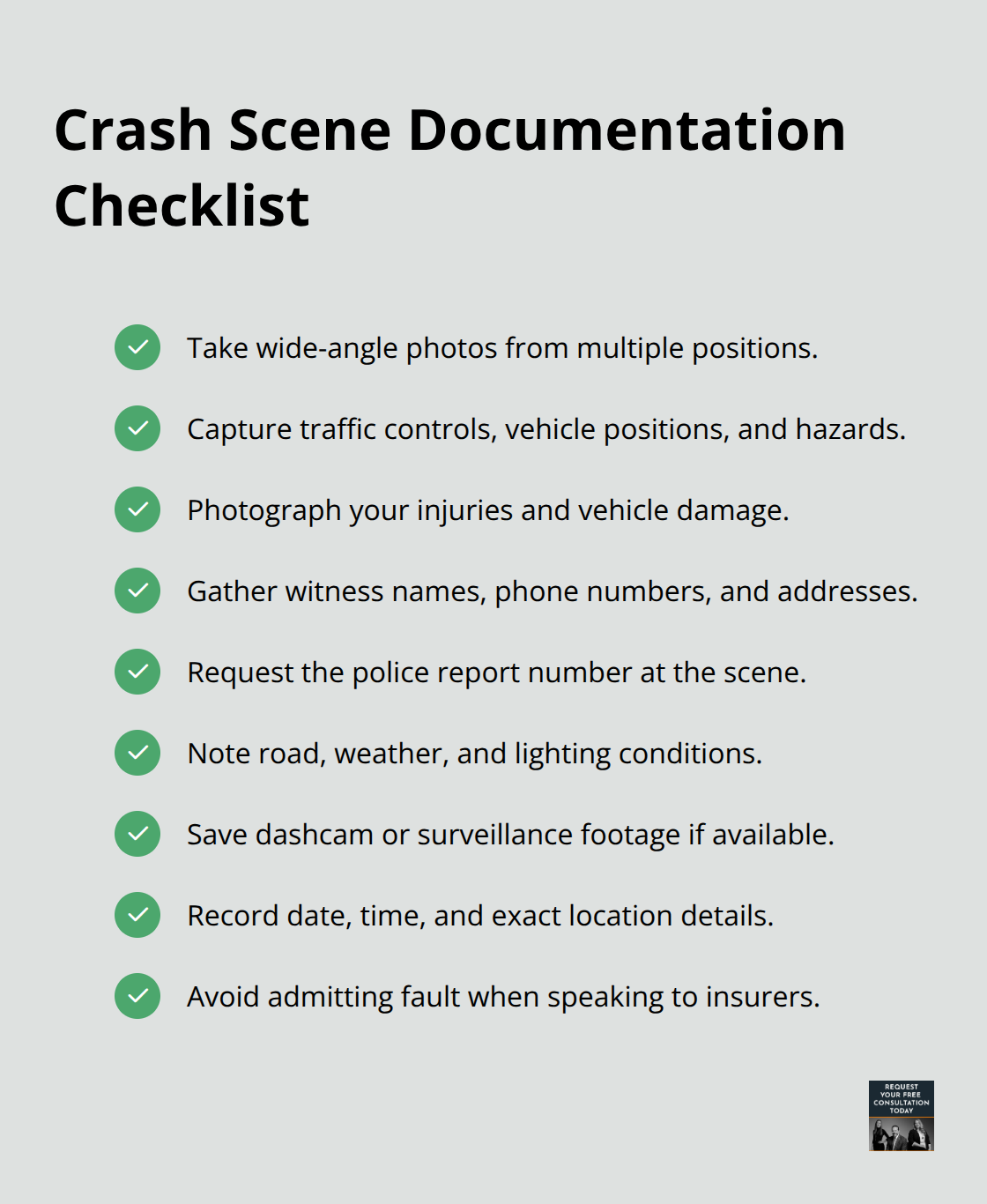 Checklist of essential steps to document a crash scene for a hip injury claim - Hip injury after crash
