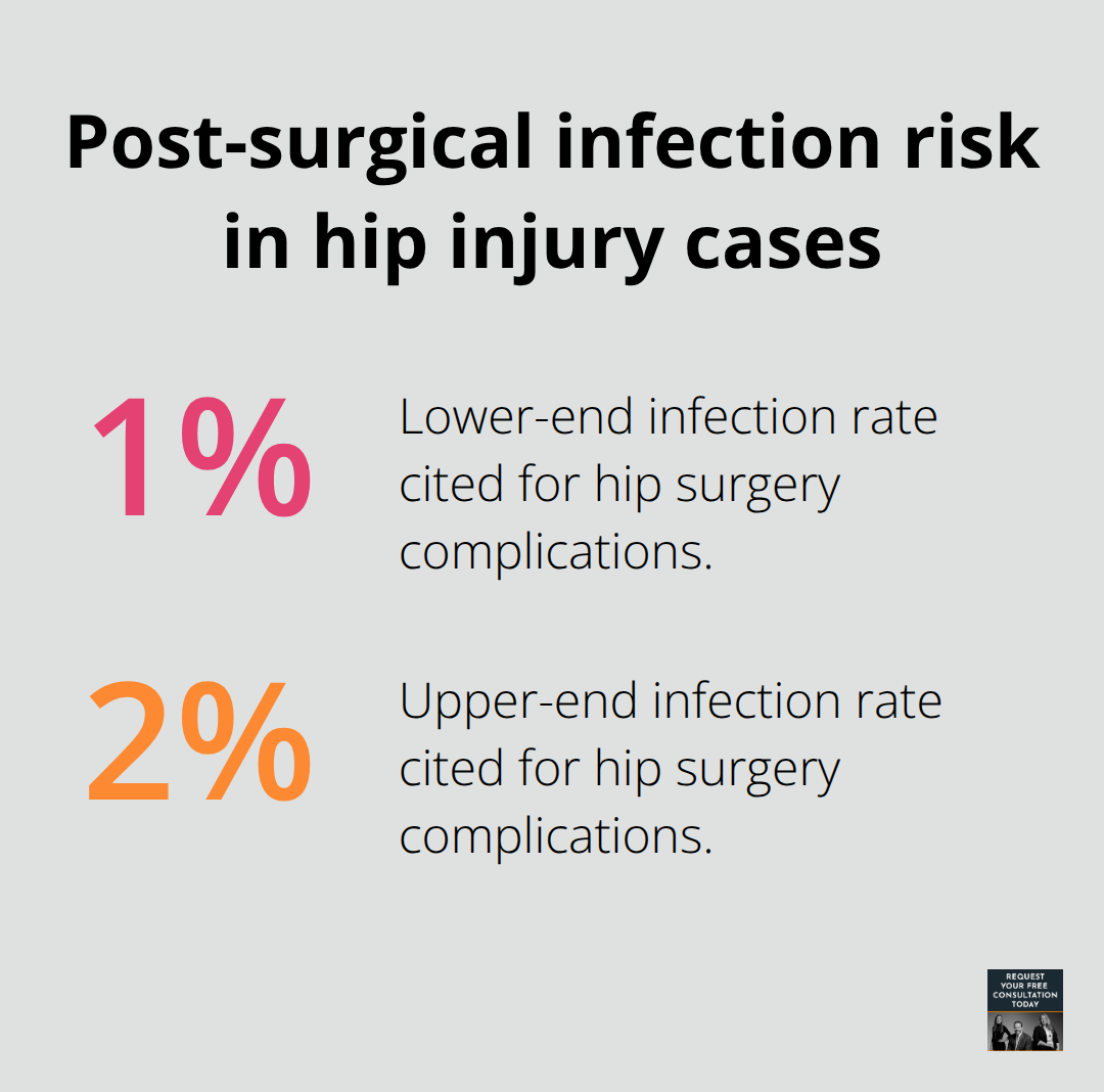 Percentage chart showing 1% to 2% infection rates associated with hip surgery complications. - Hip injury after crash